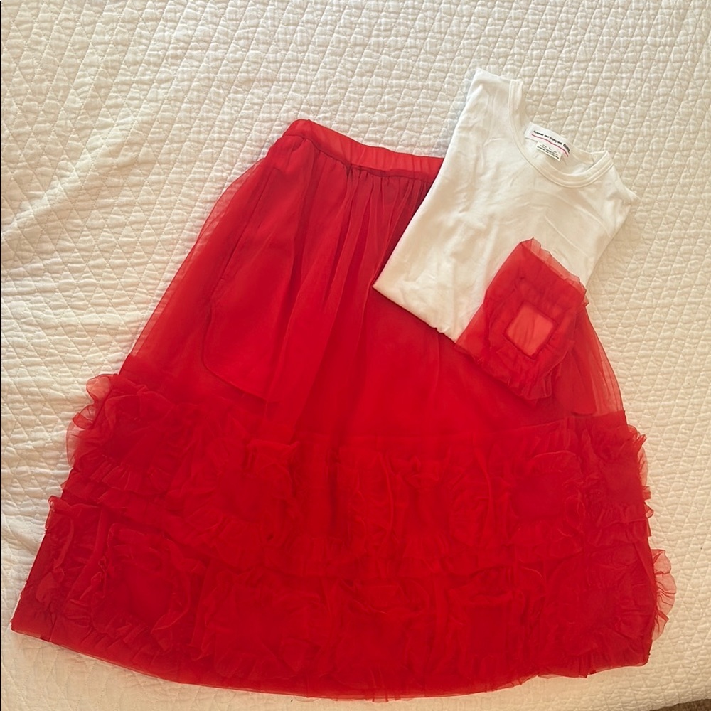 Comme des Garcons Red Ruffled Midi Skirt and shirt set